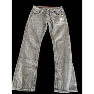 Rock Revival Men's Gray Jasper Straight Jeans Size 31 Distressed Thick Stitch